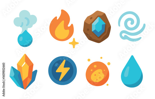 Elemental Magic Icons. Flat vector mini-illustrations elemental transformation magic in colors children's