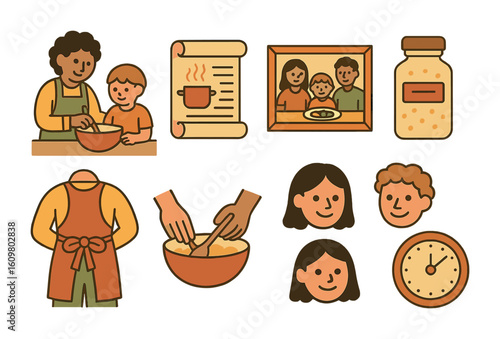 Passing Down Recipes. Flat vector mini-illustrations passing down cooking traditions in colors children's