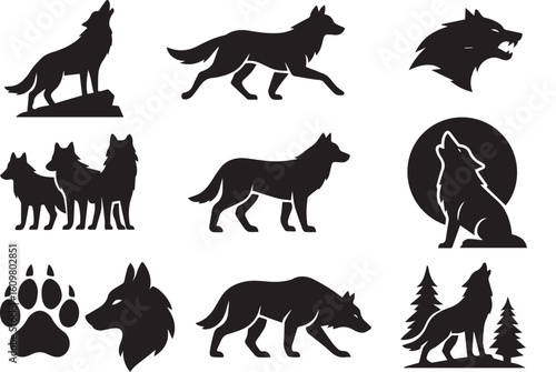 Wolf Silhouette Icon Set – Howling Wolf, Paw Print, Pack, Lone Wolf, Running, Snarling, Moon – Wilderness Vector Icons Pack
