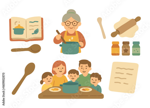 Family Recipe Icons. Flat vector mini-illustrations preparing a traditional family recipe passed down through
