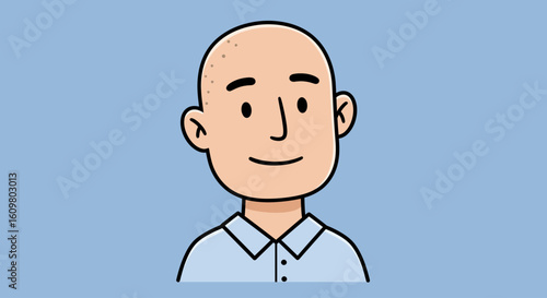 Clean digital illustration of a friendly bald man smiling, a contemporary and approachable character portrait with a minimalist aesthetic, ideal for modern design.
