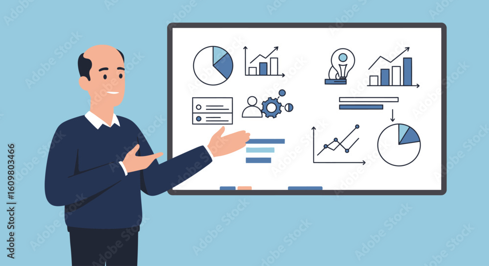 Professional man presenting business strategy with data analytics charts and graphs on a whiteboard Professional man presenting business strategy with data analytics charts and graphs on a whiteboard