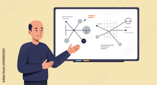 Corporate trainer or teacher presenting complex data visualization and analytical charts on a digital whiteboard.
