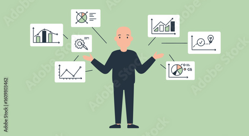 A business professional analyzing a complex dashboard of data charts and analytics for strategic intelligence.