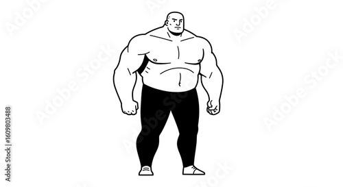 A black and white line art illustration of a muscular strongman or bouncer character standing with a powerful physique.