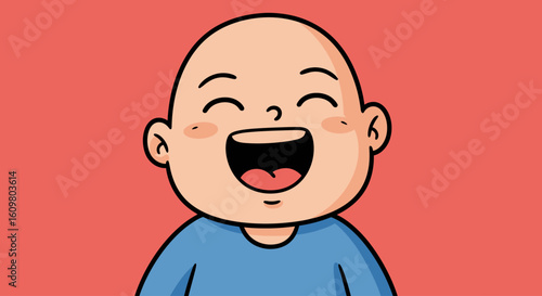 Adorable cartoon baby boy laughing with a wide smile and joyful expression. A cute character illustration on a solid color background.