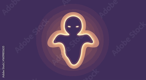 A minimalist illustration of a glowing spectral entity with radiant concentric rings on a dark purple background.
