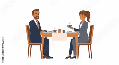 A man and woman in business suits having a pleasant meeting over coffee at a table.