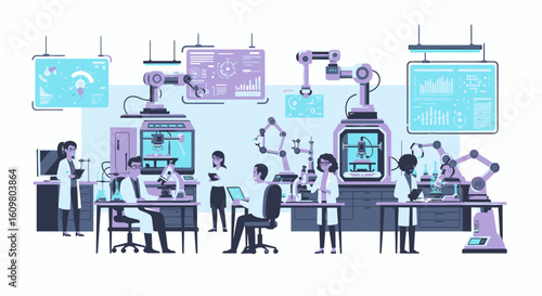 Scientists in a futuristic laboratory working with advanced robotic arms, 3D printers, and digital interfaces for research and development.