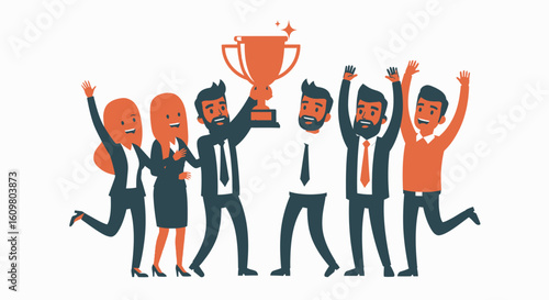 A diverse group of smiling business professionals joyfully celebrates holding a golden trophy aloft, signifying a shared achievement and victory.