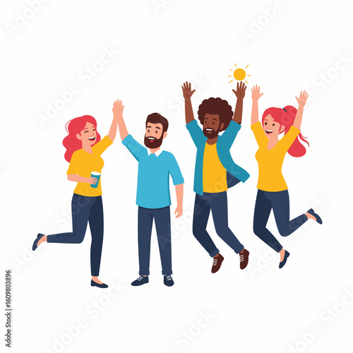 A diverse group of happy friends or colleagues celebrating success with a high five and jumping for joy.