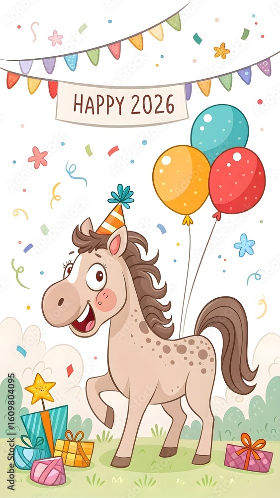 Naklejka premium Animated Horse Celebrating Happy 2026 Birthday With Party Hat and Balloons