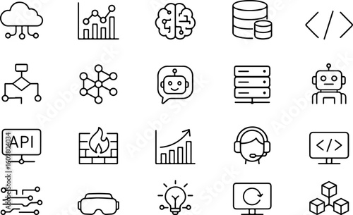 Collection of hand drawn icons representing technology data and artificial intelligence concepts