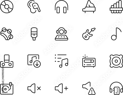 Editable stroke music audio dj equipment instruments sound recording studio production podcasting concert vector icons set and more vector icons