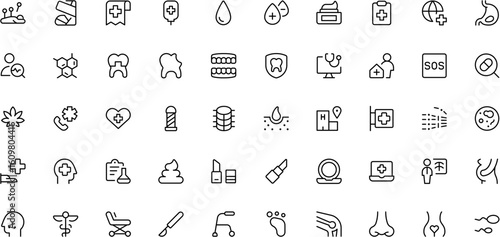 Editable stroke medical healthcare icons set vector illustration, health line icon collection, medical symbols and signs set and more vector icons