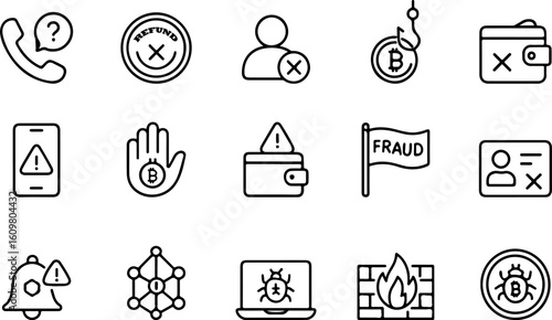 Collection of icons representing security threats and fraudulent activities