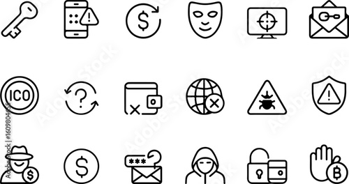 Cybersecurity and digital security icons representing online threats and protection measures