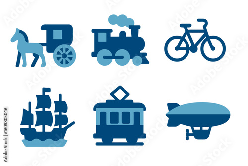 Flat vector classic transport icons in light and dark blue including carriage, vintage bike, and sailing ship. Perfect for history and travel stock sets.