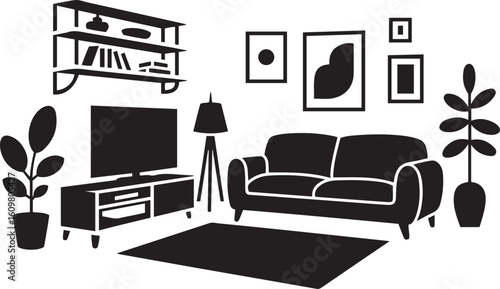 Stylish black and white living room interior silhouette vector
