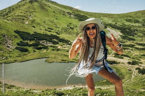 woman on a mountain lake
