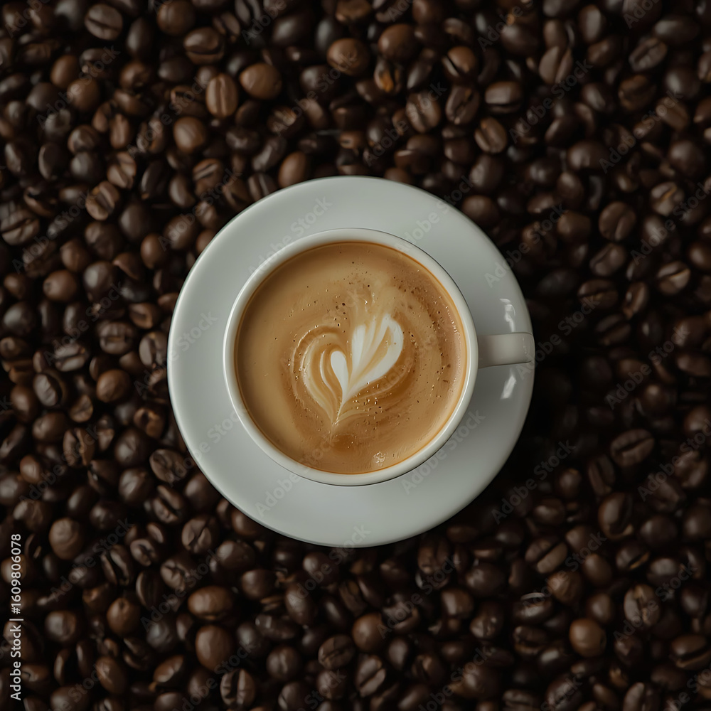 A small white espresso cup with frothy cream, amidst dark roasted coffee beans, is seen from a top-down perspective. A small white espresso cup with frothy cream, amidst dark roasted coffee beans, is seen from a top-down perspective.