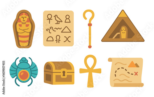 Ancient Egypt Icons. Flat vector mini-illustrations ancient Egyptian tombs in colors children's illustrations: