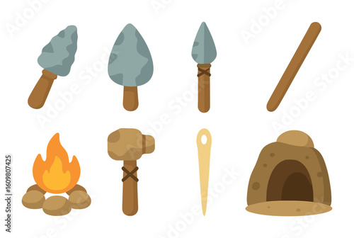 Early Human Tools. Flat vector mini-illustrations early human tools in colors children's illustrations: flint