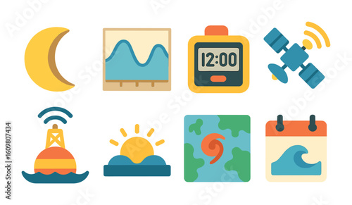 Tidal Forecast Icons. Flat vector mini-illustrations tidal forecasting in colors children's illustrations:
