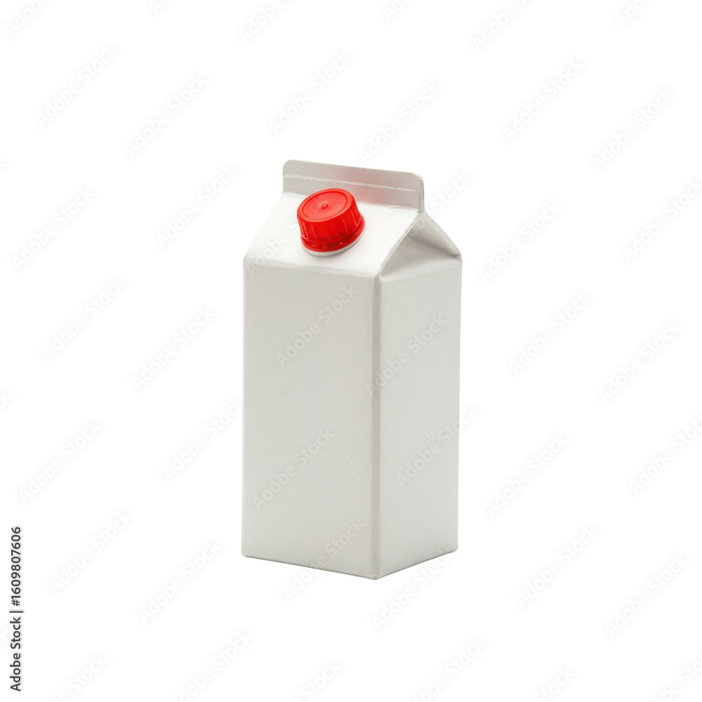 Fototapeta premium A miniature, unopened, transparent cardboard milk carton with a red cap, isolated on a pure transparent studio background with perfect diffused lighting, ultra-photorealistic commercial product
