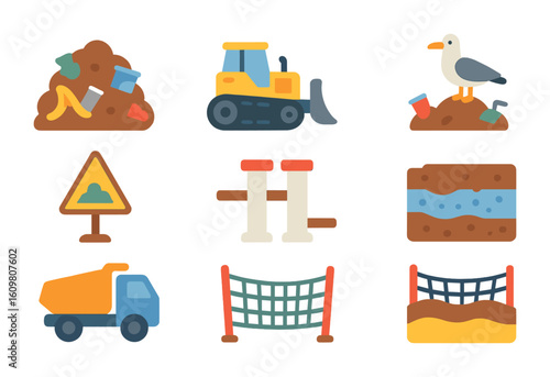Landfill Site Icons. Flat vector mini-illustrations landfill sites in colors children's illustrations: garbage