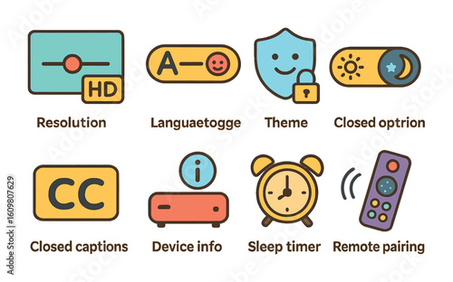 Streaming Device Icons. Flat vector mini-illustrations settings for streaming devices in colors children's
