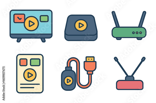 Colorful Streaming Devices. Flat vector mini-illustrations streaming devices in colors children's