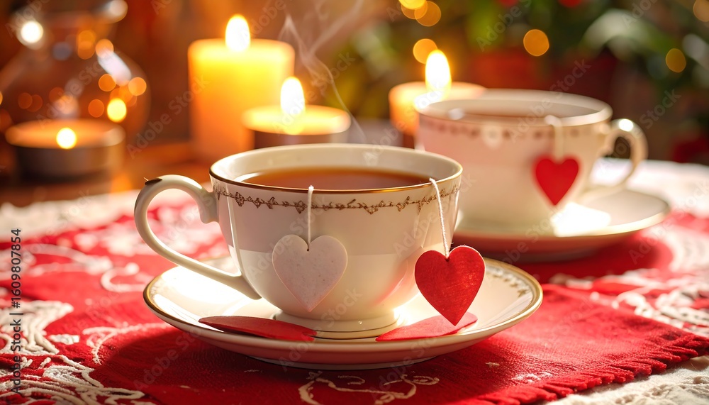 Fototapeta premium Tea Cups with Heart Shaped Tags and Candles on Red Cloth