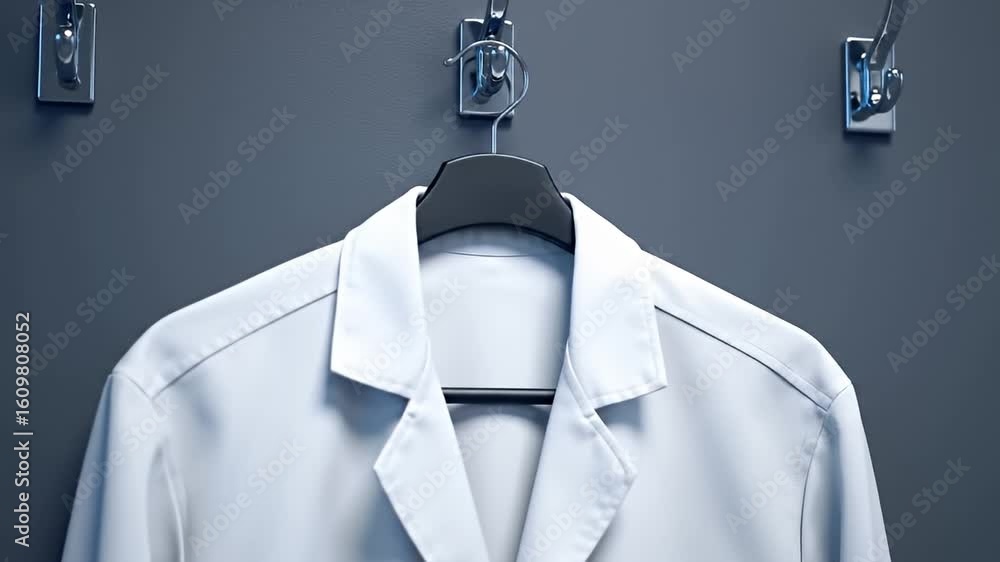 White coat hangs on a black hanger against a gray wall with metal coat ...