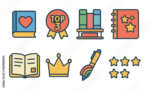 Children's Book Icons. Flat vector mini-illustrations favorite books list in colors children's illustrations: