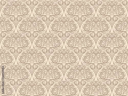 seamless pattern with swirls and floral motifs. soft beige classic damask or Victorian background for wallpaper, textiles, and decorative elements.
