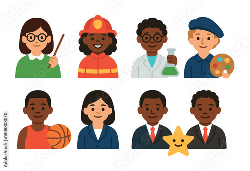 Diverse Role Models Icons. Flat vector mini-illustrations diverse role models in colors children's