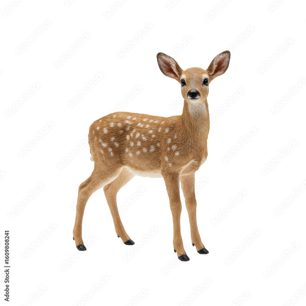 Fototapeta premium A delicate miniature deer fawn with realistic fur texture and lifelike anatomical accuracy, full body, standing composed on a transparent, seamless, infinite plain under bright shadowless studio