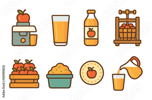Apple Juice Process. Flat vector mini-illustrations Apple juice production in colors children's illustrations: