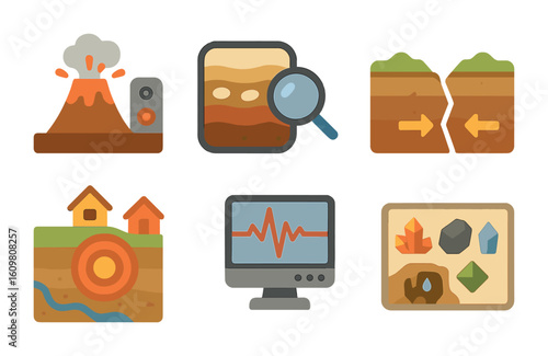 Earth Science Icons. Flat vector mini-illustrations Earth science simulations in colors children's