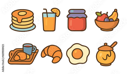 Staycation Breakfast Icons. Flat vector mini-illustrations staycation breakfast treats in colors children's