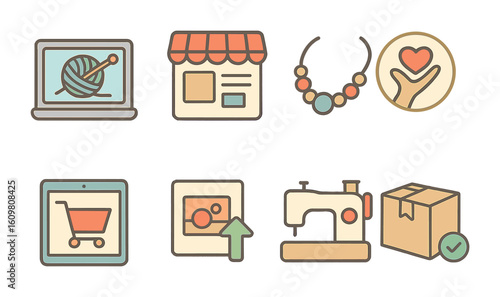 Digital Craft Marketplace. Flat vector mini-illustrations local craft businesses going digital in colors