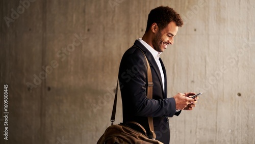 Handsome businessman using smartphone for communication and mobile office work today