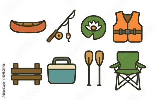 Lake Adventure Icons. Flat vector mini-illustrations nearby lake visit in colors children's illustrations: