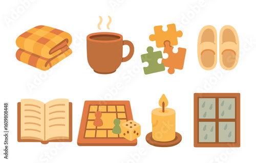 Cozy Indoor Activities. Flat vector mini-illustrations cozy weekend indoors in colors children's illustrations
