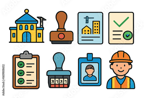 City Permits Icons. Flat vector mini-illustrations of city construction permits in colors children's