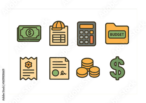 Child's Finance Icons. Flat vector mini-illustrations of budget and finance tracking in colors children's