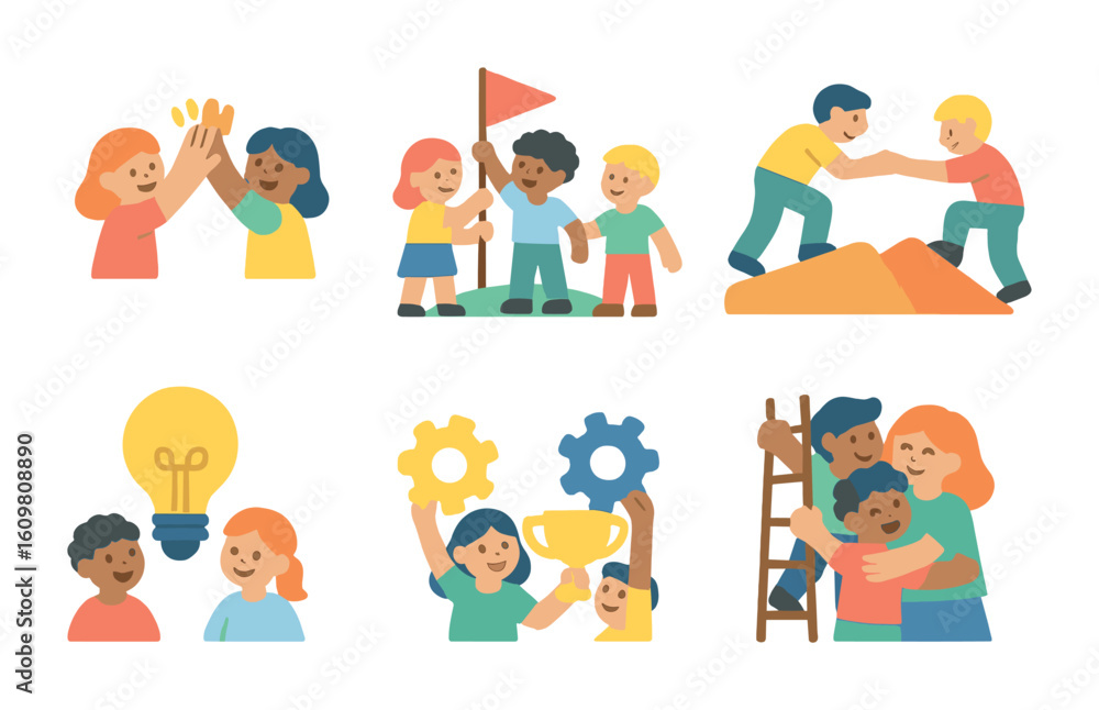Teamwork Icons for Kids. Flat vector mini-illustrations of teamwork and trust in colors children's Teamwork Icons for Kids. Flat vector mini-illustrations of teamwork and trust in colors children's