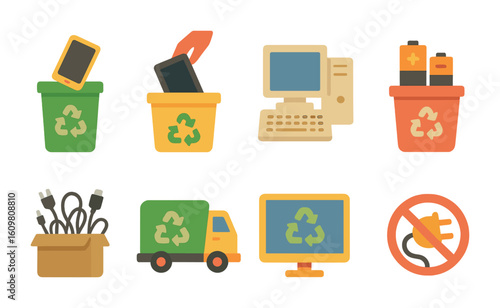 E-Waste Recycling Icons. Flat vector mini-illustrations of e-waste recycling in colors children's