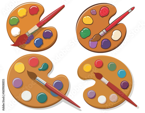 Paint palette and brushes. Painting color pallette, creative drawing tool. Artistic supplies, oil colour pallet on wooden board, artist accessory. Flat vector illustration isolated on white background